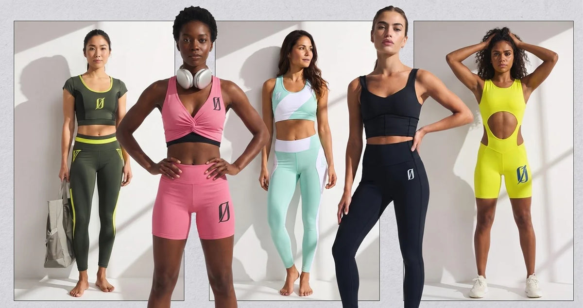 Five women wearing different 1off activewear outfits in olive, pink, mint, black, and yellow
