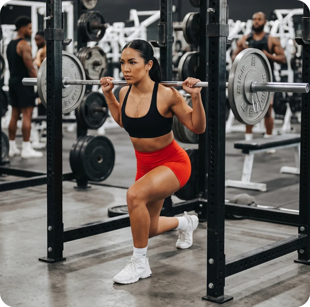 Woman performing a barbell squat in a gym wearing a black sports bra and red workout shorts
