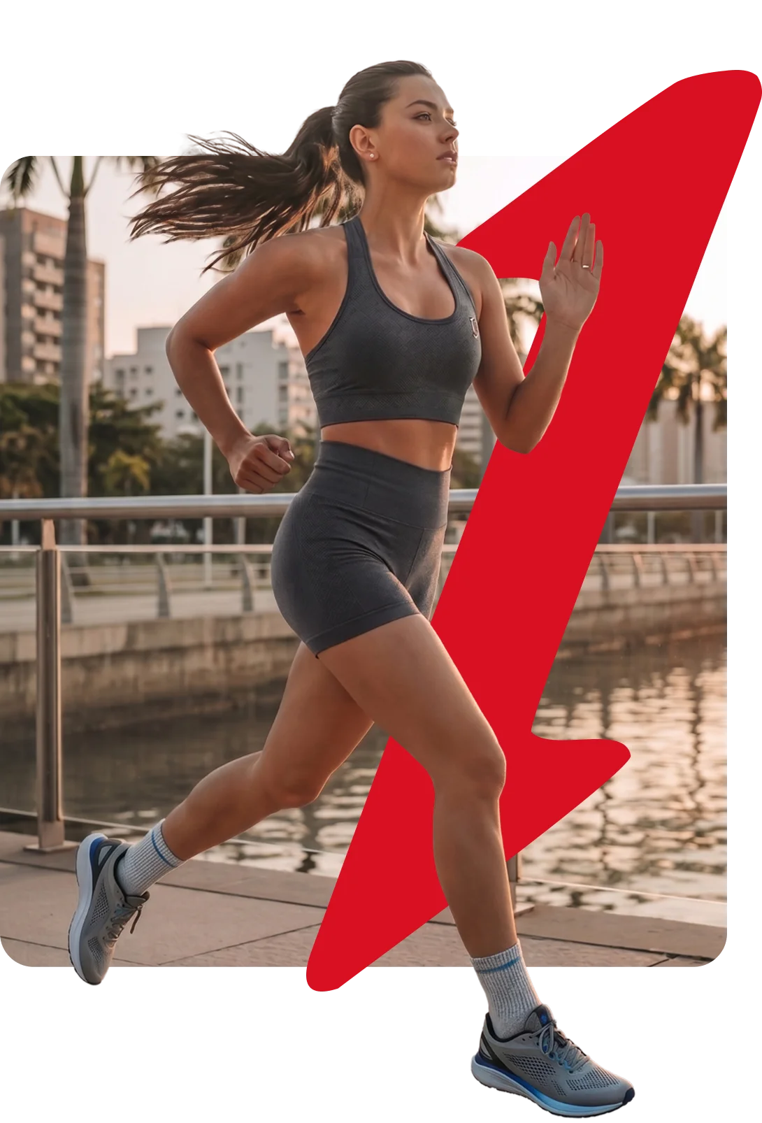 Woman wearing a 1-Off workout set while running outdoors