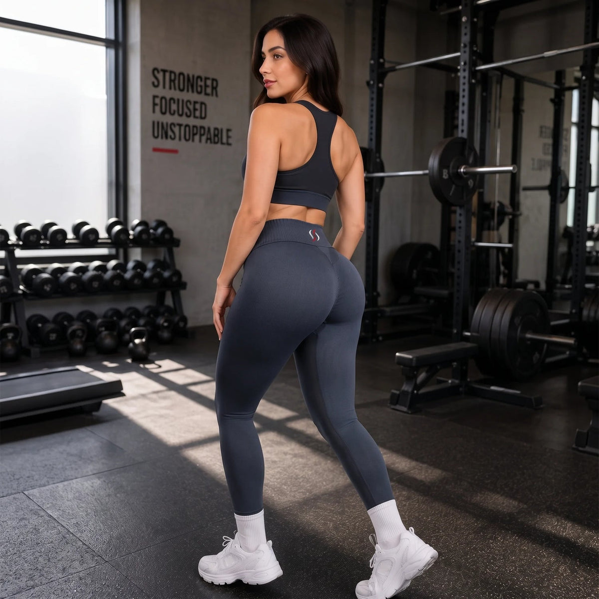 Woman wearing a 1off workout set while running outdoors